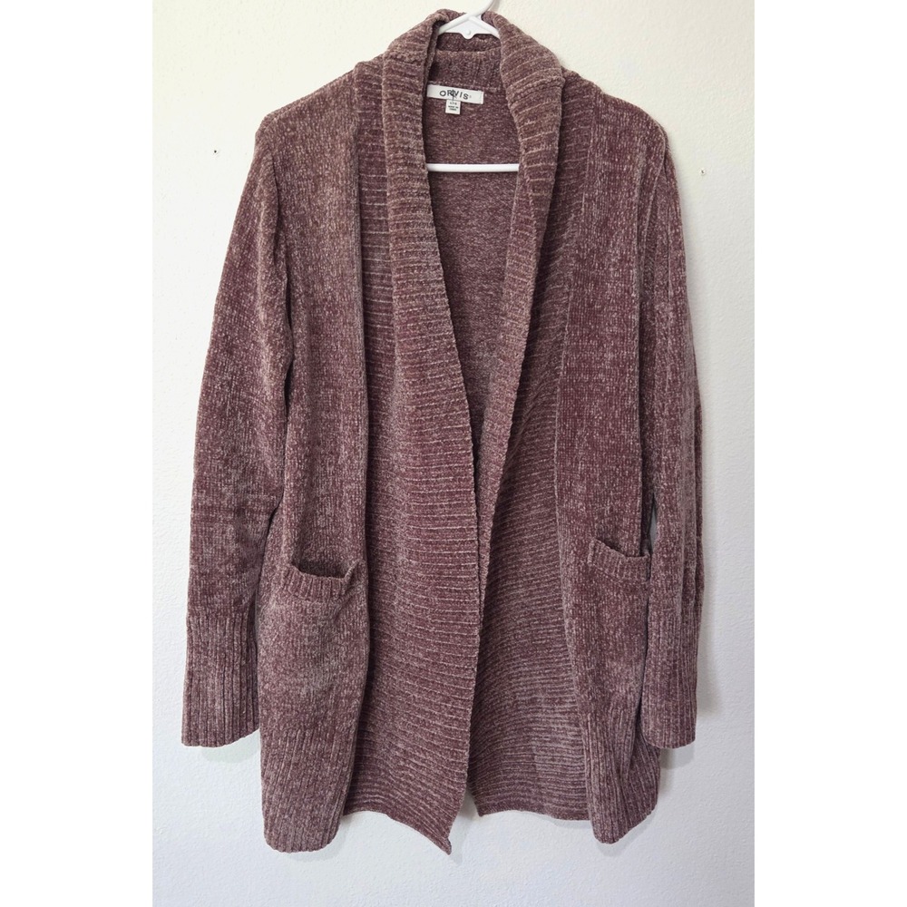 Orvis Women Chenille Cardigan Sweater Open Front Taupe Shawl Collar Pockets L